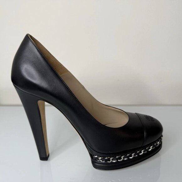 Chanel Black Leather Platform Silver Chain Pump Heel Shoes Sz 36 EU CC Cap Toe - Picture 2 of 12